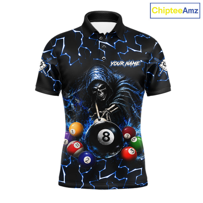 Lightning Blue Grim Reaper men's bowling polo shirt, custom skull bowling team jersey, personalized bowling league apparel