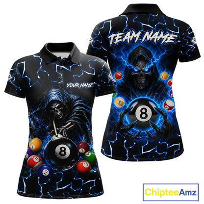 Lightning Blue Grim Reaper women's bowling polo shirt, custom skull bowling team jersey, league bowling apparel