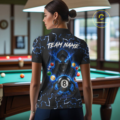 Female bowler wearing Lightning Blue Grim Reaper bowling jersey, custom bowling team shirt