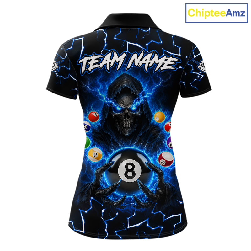 Lightning Blue Grim Reaper women's bowling polo shirt, custom skull bowling team jersey, league bowling apparel