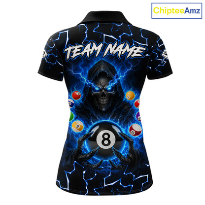 Lightning Blue Grim Reaper women's bowling polo shirt, custom skull bowling team jersey, league bowling apparel