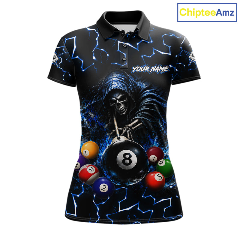 Lightning Blue Grim Reaper women's bowling polo shirt, custom skull bowling team jersey, league bowling apparel