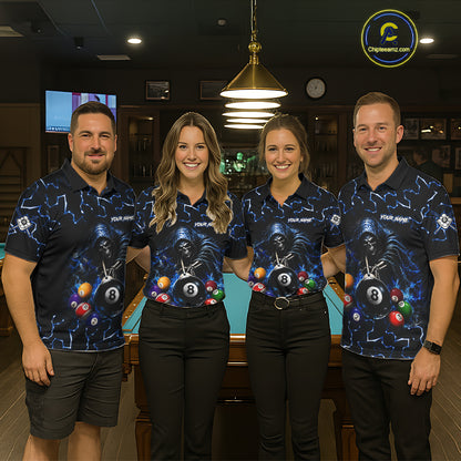 Men women bowling team wearing Lightning Blue Grim Reaper custom bowling jerseys, league bowling uniforms