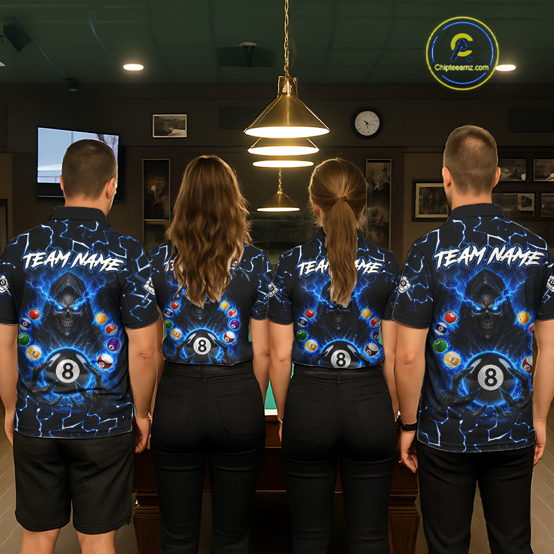 Men women bowling team wearing Lightning Blue Grim Reaper custom bowling jerseys, league bowling uniforms