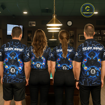 Men women bowling team wearing Lightning Blue Grim Reaper custom bowling jerseys, league bowling uniforms