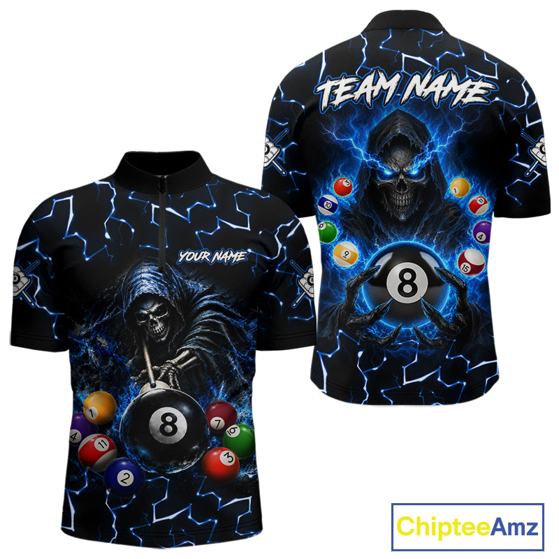 Lightning Blue Grim Reaper men's bowling quarter zip shirt, custom bowling uniform, skull bowling jersey, tournament apparel