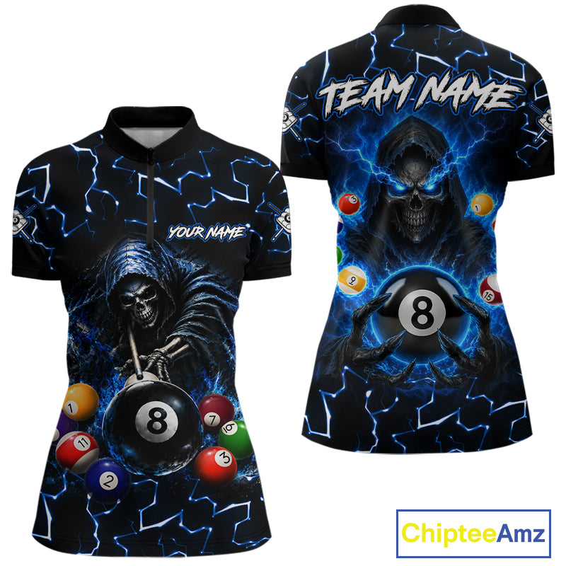 Lightning Blue Grim Reaper women's bowling quarter zip shirt, custom bowling team jersey, tournament bowling uniform