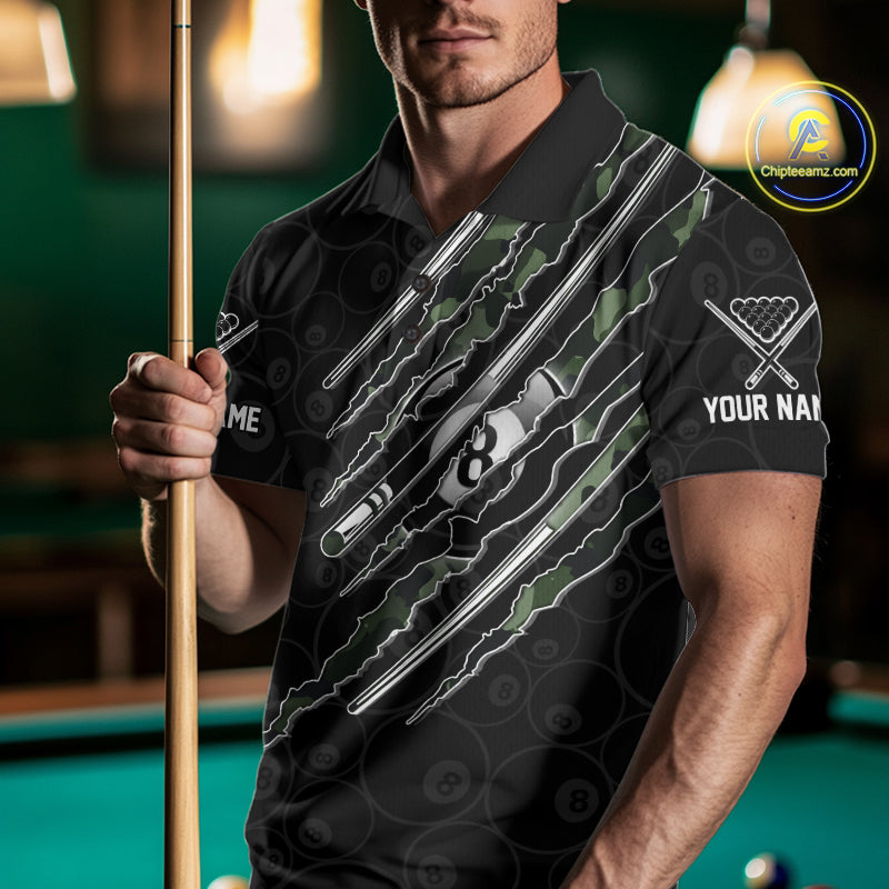 Male model wearing military green camo billiard polo, custom league jersey, tournament team apparel, athletic performance clothing.