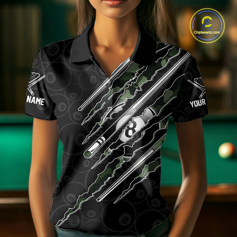 Female model wearing military green camo billiard polo, personalized pool team apparel, pool league clothing, tactical sports fashion.
