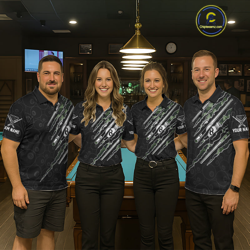 Matching pool team wearing military camo personalized jerseys, billiard pool tournament uniforms, tactical custom club apparel
