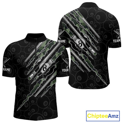 Men's military camo quarter zip billiard shirt, personalized pool league jersey, custom cue sports apparel, performance tournament uniform.