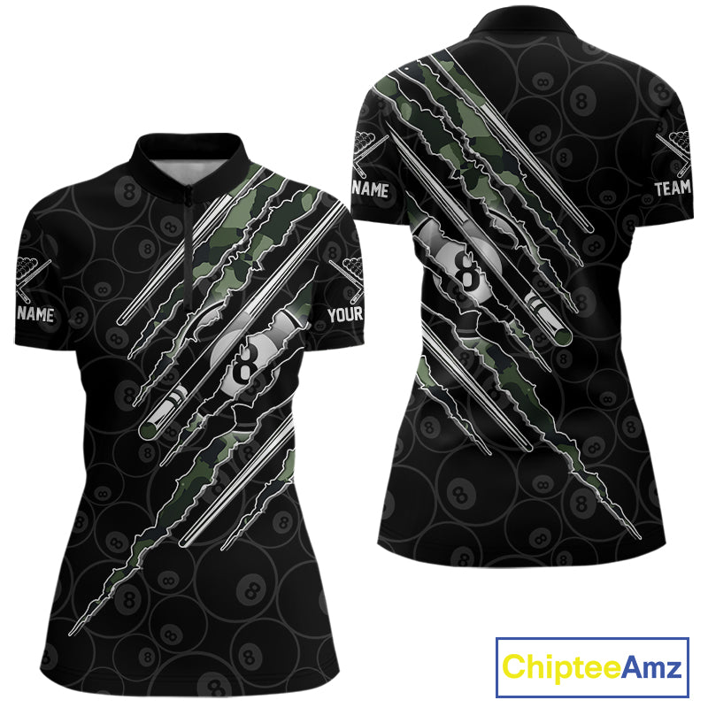 Women's military green camo quarter zip billiard jersey, personalized tournament apparel, pool team clothing, custom sports uniform.