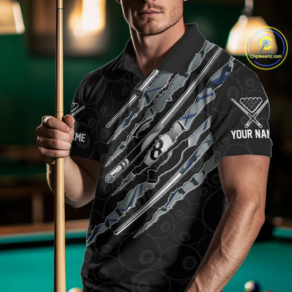 Male model wearing Blue Scratch Pattern custom billiard polo, billiard tournament apparel, personalized sports team jersey, athletic wear.