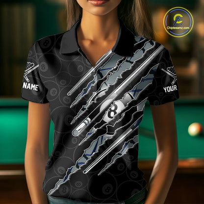 Female model wearing Blue Scratch Pattern billiard polo, personalized league apparel, cue sports fashion, matching team clothing.