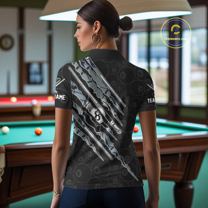 Female model wearing Blue Scratch Pattern billiard polo, personalized league apparel, cue sports fashion, matching team clothing.