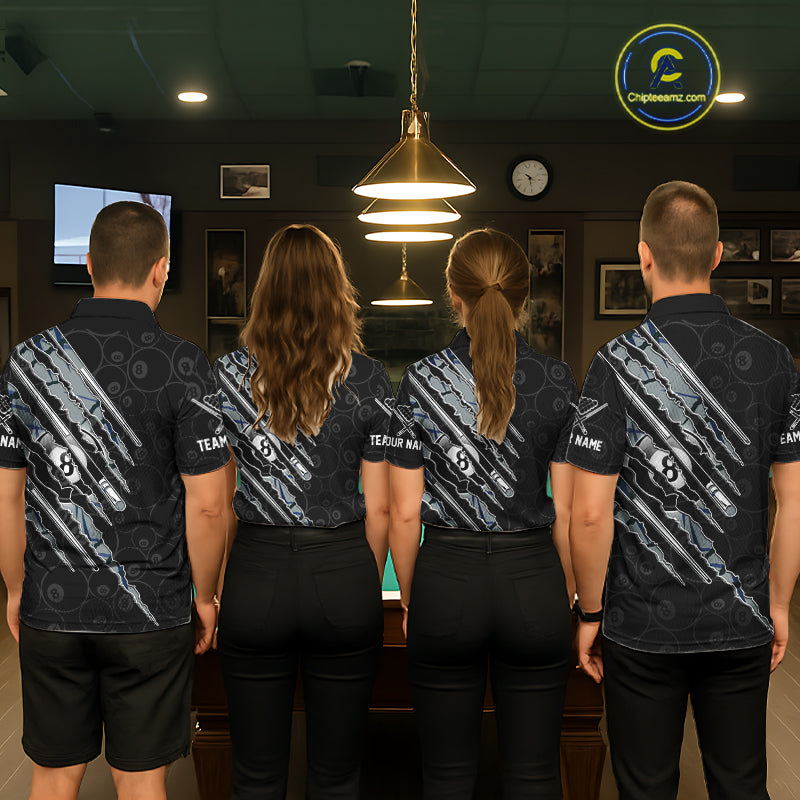 Professional billiard team wearing matching Blue Scratch Pattern jerseys, personalized names, billiard pool league uniforms, custom club apparel.