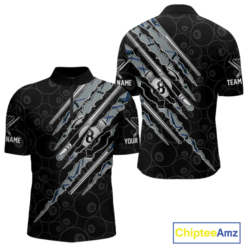 Men's Blue Scratch Pattern quarter zip billiard jersey, personalized APA team apparel, athletic tournament shirt, custom sports uniform.