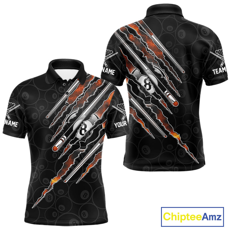 Men's Red Fire Flames billiard polo with personalized name, custom pool league jersey, billiard tournament apparel, athletic performance team shirt.