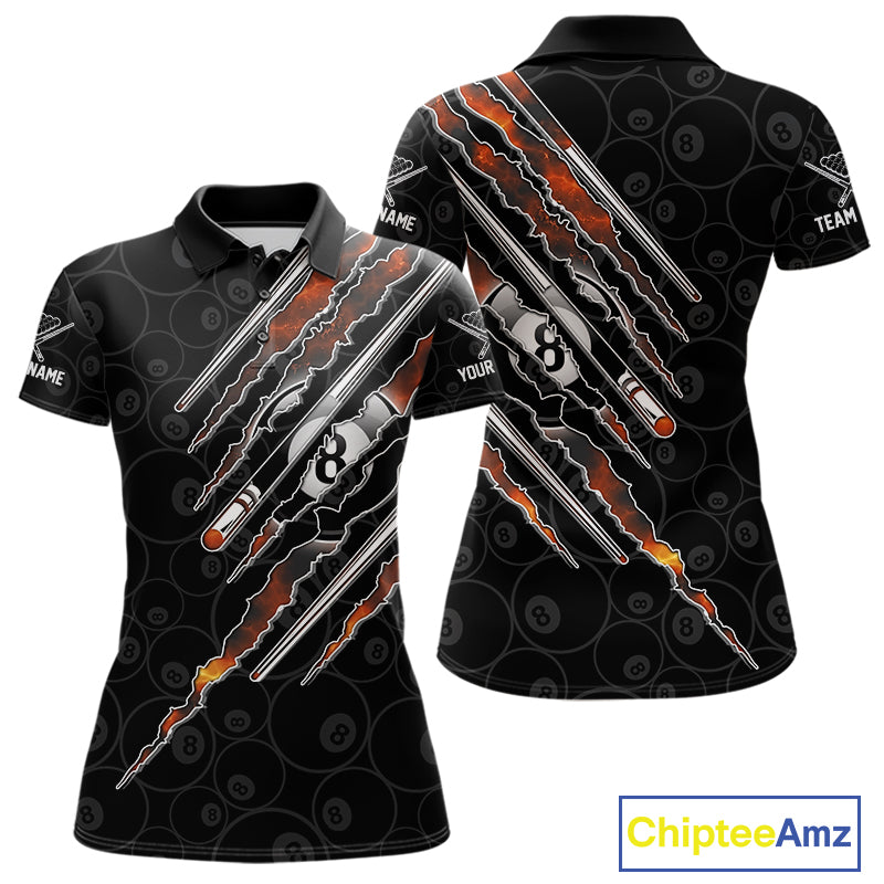 Women's Red Fire Flames billiard polo shirt featuring 8 Ball graphics, personalized pool league jersey,  tournament apparel, custom cue sports clothing, moisture-wicking athletic polo.
