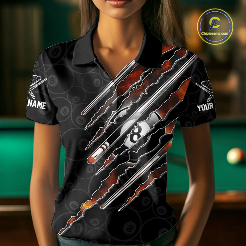 Female model wearing Red Fire Flames billiard polo, personalized team apparel, custom pool tournament clothing, sports club fashion.