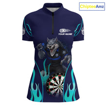 Load image into Gallery viewer, Personalized Funny Wolf Blue Flaming Darts Women Polo &amp; 1/4-Zip Dart Shirt Wolf Dart Team Jerseys NYN2900