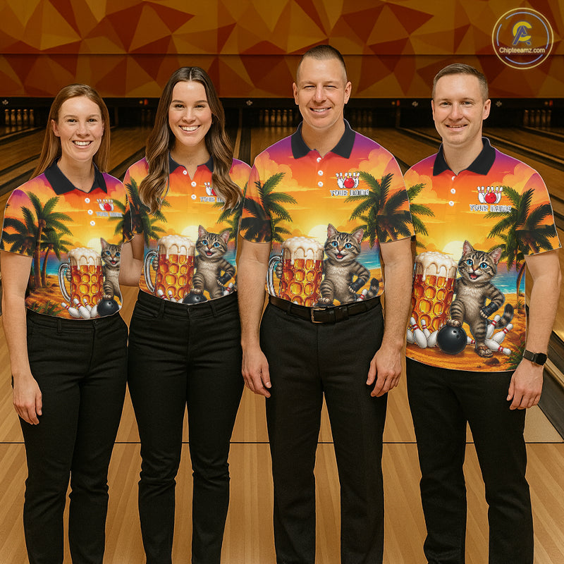 Cheer Beer And Cat Funny Women Bowling Shirt Custom Summer Tropical Youth Bowling Shirts NYN3277
