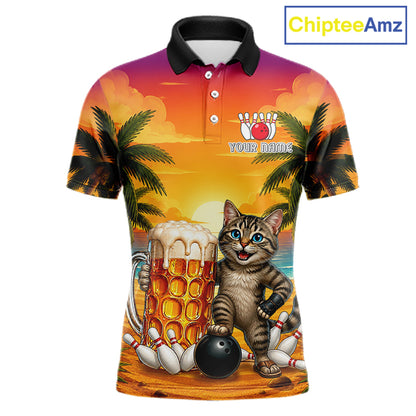 Beer And Cat Funny Women Bowling Polo Shirt Custom Summer Tropical Youth Bowling Shirts