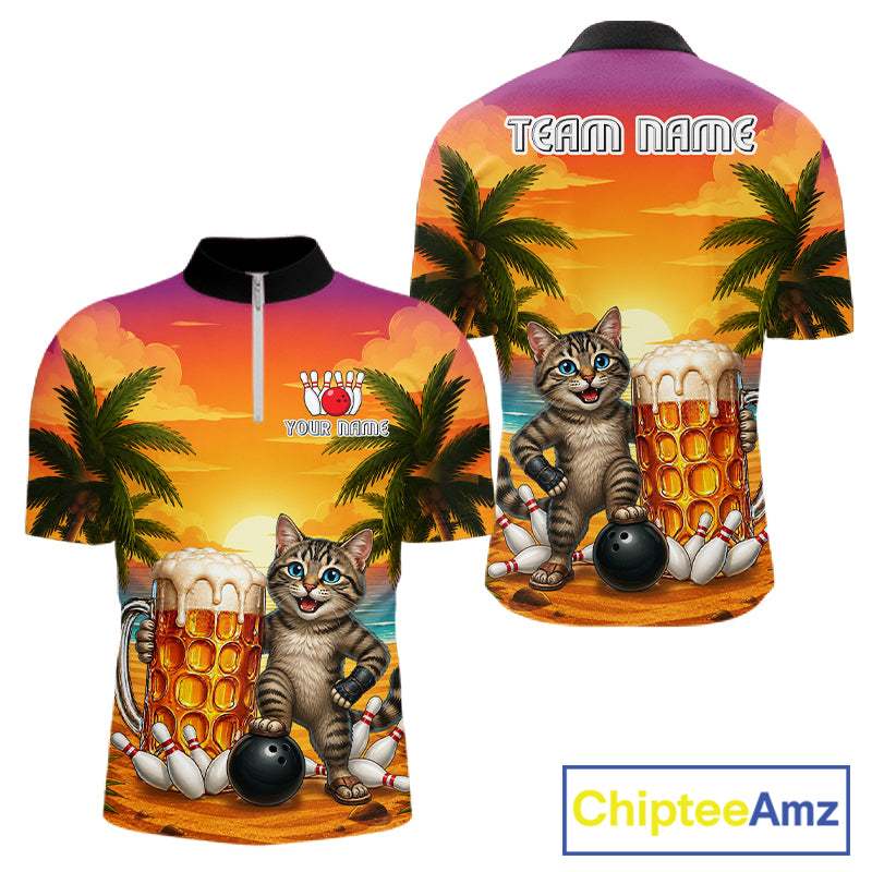 Beer And Cat Funny Men Bowling 1/4-Zip Shirt Custom Summer Tropical Youth Bowling Shirts