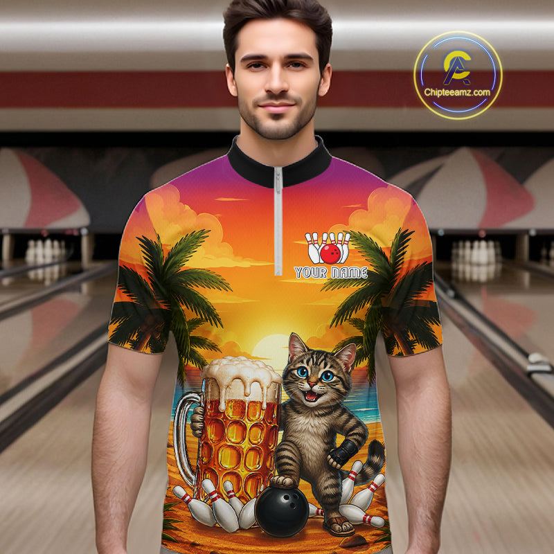 Cheer Beer And Cat Funny Men Bowling Shirt Custom Summer Tropical Youth Bowling Shirts NYN3277