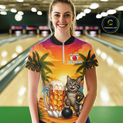 Cheer Beer And Cat Funny Women Bowling Shirt Custom Summer Tropical Youth Bowling Shirts NYN3277