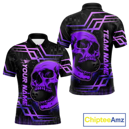 Purple Skull Bowling Ball Shirt For Men Custom Bowling Polo Team Attire