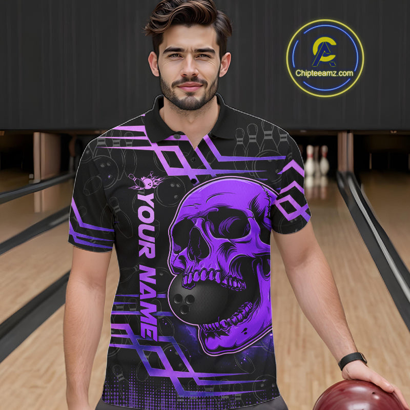 Black And Purple Skull Holding Bowling Ball Shirt For Men Custom Bowling Team Attire NYN3281