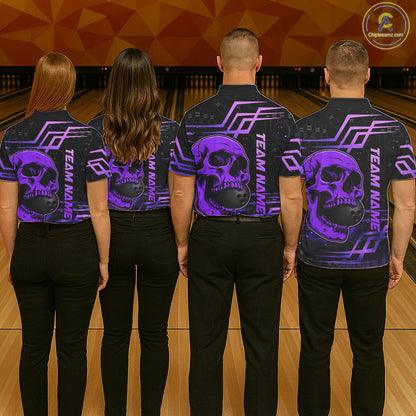 Black And Purple Skull Holding Bowling Ball Shirt For Men Custom Bowling Team Attire NYN3281