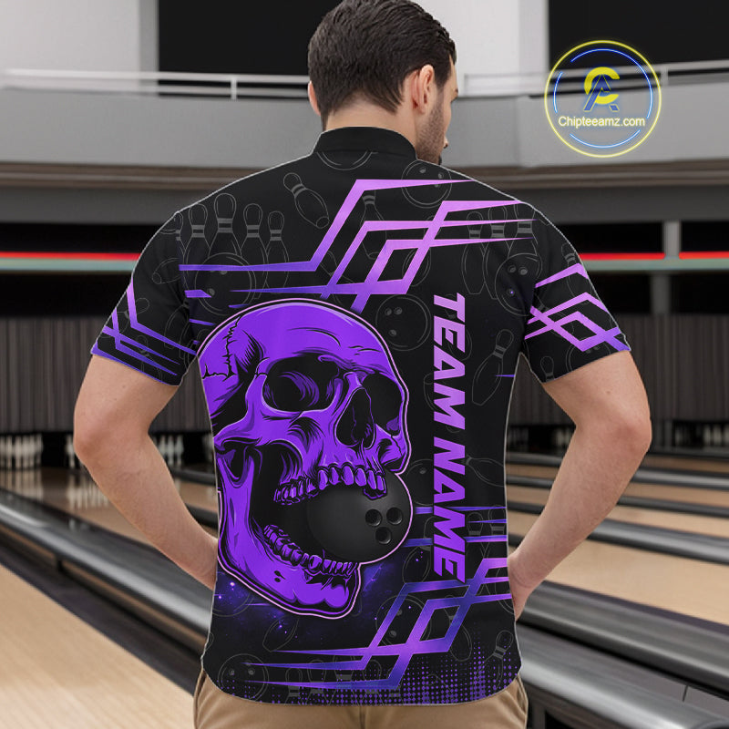 Black And Purple Skull Holding Bowling Ball Shirt For Men Custom Bowling Team Attire NYN3281