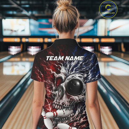 Red And Blue Grunge Skull Women Bowling Polo Quarter-Zip Shirt Custom Youth Bowling Team Outfits NYN3285
