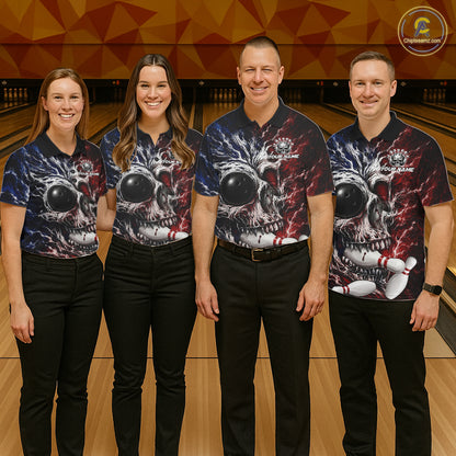 Red And Blue Grunge Skull Mens Bowling Polo Quarter-Zip Shirt Custom Youth Bowling Team Outfits NYN3285