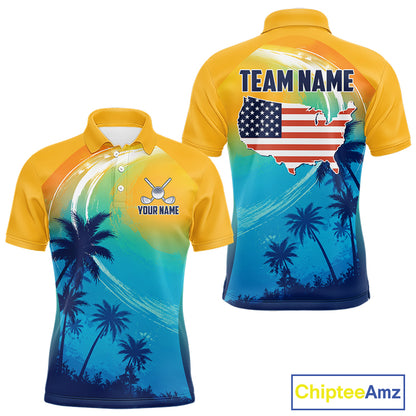 Summer palm trees men's golf polo shirt, personalized US flag golf apparel, tropical golf shirt, golf vacation clothing