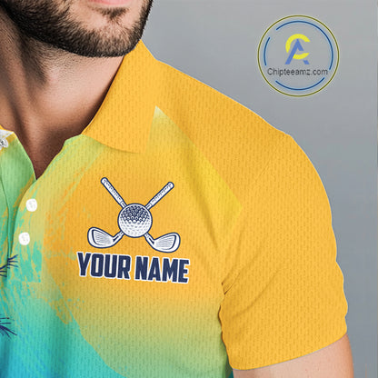 Male golfer wearing summer palm trees golf polo shirt, patriotic golf apparel, tropical golf outfit
