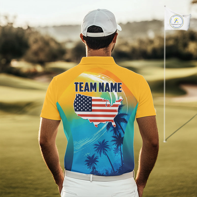 Male golfer wearing summer palm trees golf polo shirt, patriotic golf apparel, tropical golf outfit