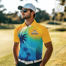 Load image into Gallery viewer, Male golfer wearing summer palm trees golf polo shirt, patriotic golf apparel, tropical golf outfit