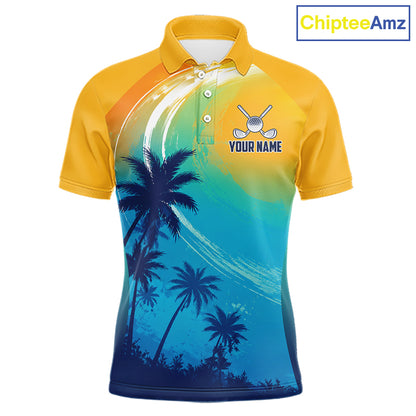 Summer palm trees men's golf polo shirt, personalized US flag golf apparel, tropical golf shirt, golf vacation clothing