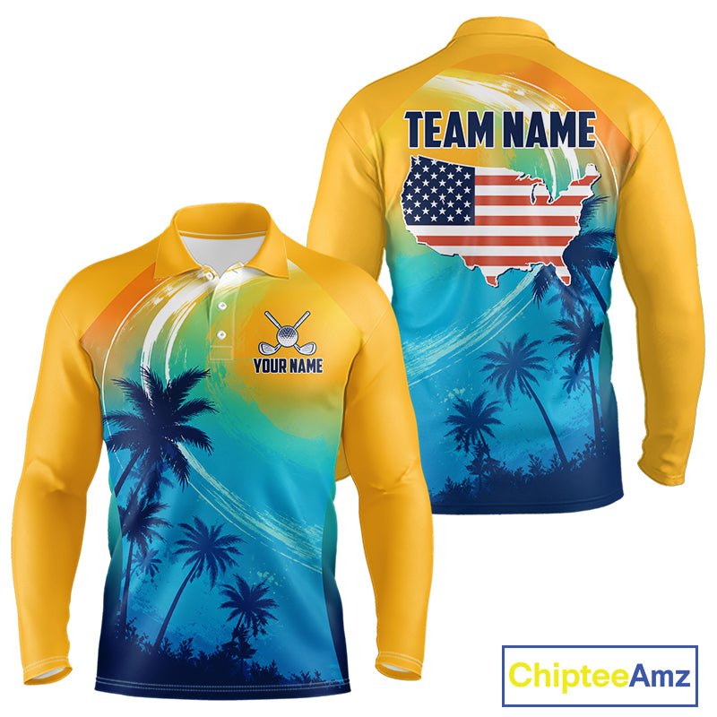 Summer palm trees men's golf long sleeves polo shirt, personalized US flag golf apparel, tropical golf shirt, golf vacation clothing