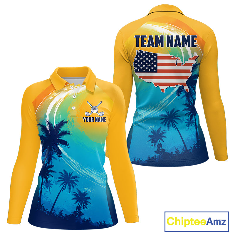 Summer palm trees women's golf polo shirt, personalized US flag golf apparel, tropical golf shirt, golf vacation clothing
