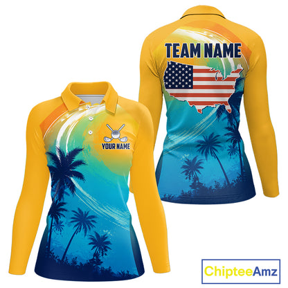 Summer palm trees women's golf polo shirt, personalized US flag golf apparel, tropical golf shirt, golf vacation clothing