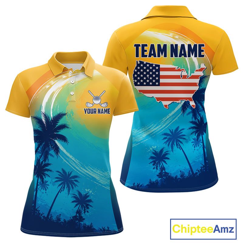 Summer palm trees women's golf polo shirt, personalized US flag golf apparel, tropical golf shirt, golf vacation clothing