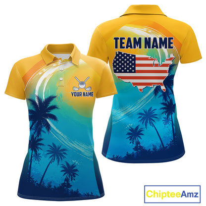 Summer palm trees women's golf polo shirt, personalized US flag golf apparel, tropical golf shirt, golf vacation clothing