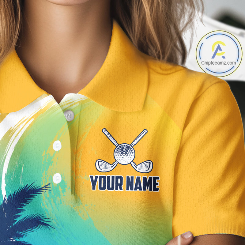 Female golfer wearing summer palm trees golf polo shirt, patriotic golf apparel, tropical golf outfit
