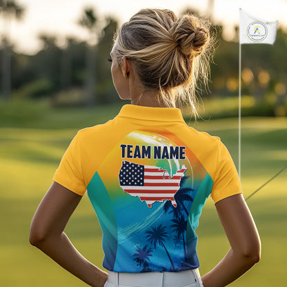 Female golfer wearing summer palm trees golf polo shirt, patriotic golf apparel, tropical golf outfit