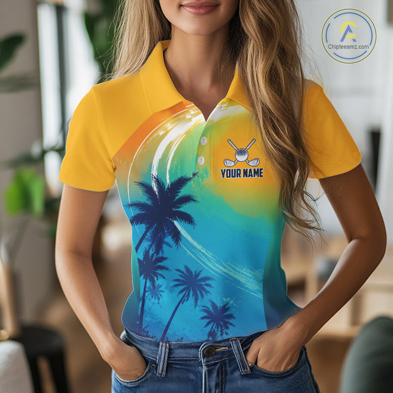 Female golfer wearing summer palm trees golf polo shirt, patriotic golf apparel, tropical golf outfit