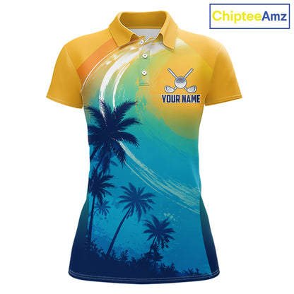 Summer palm trees women's golf polo shirt, personalized US flag golf apparel, tropical golf shirt, golf vacation clothing